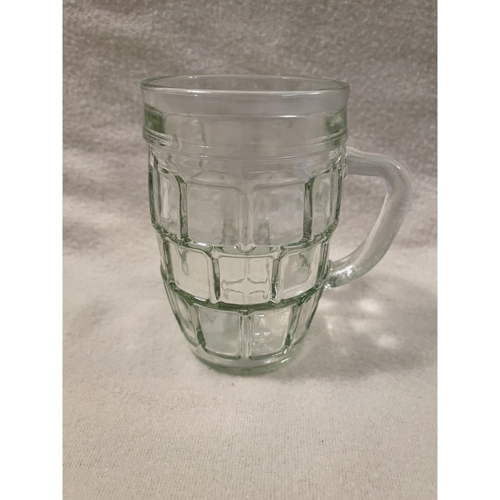Vintage Small Green Glass Mug Barrel Shape Block Pattern Root beer Mug Cup #32